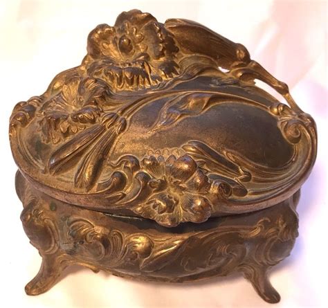 metal casket clawfoot jewelry box with markings underside|Antique Art Nouveau Carnations Jewelry Box Casket.